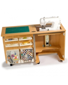 Horn Cub Plus 1010 Sewing Cabinet showing sewing machine in flat bed use.